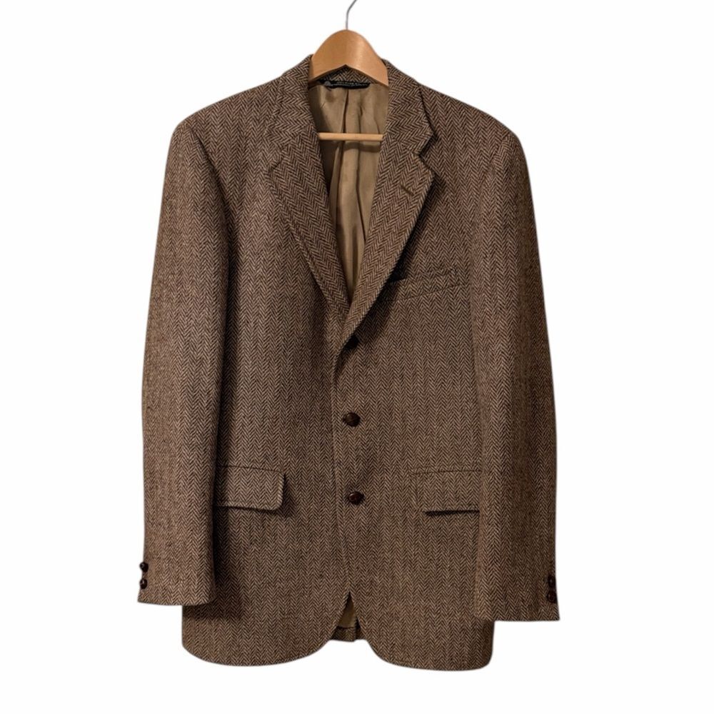 Vintage J.S.A. Bank Harris Tweed Herringbone Blazer Handwoven Scottish Wool USA